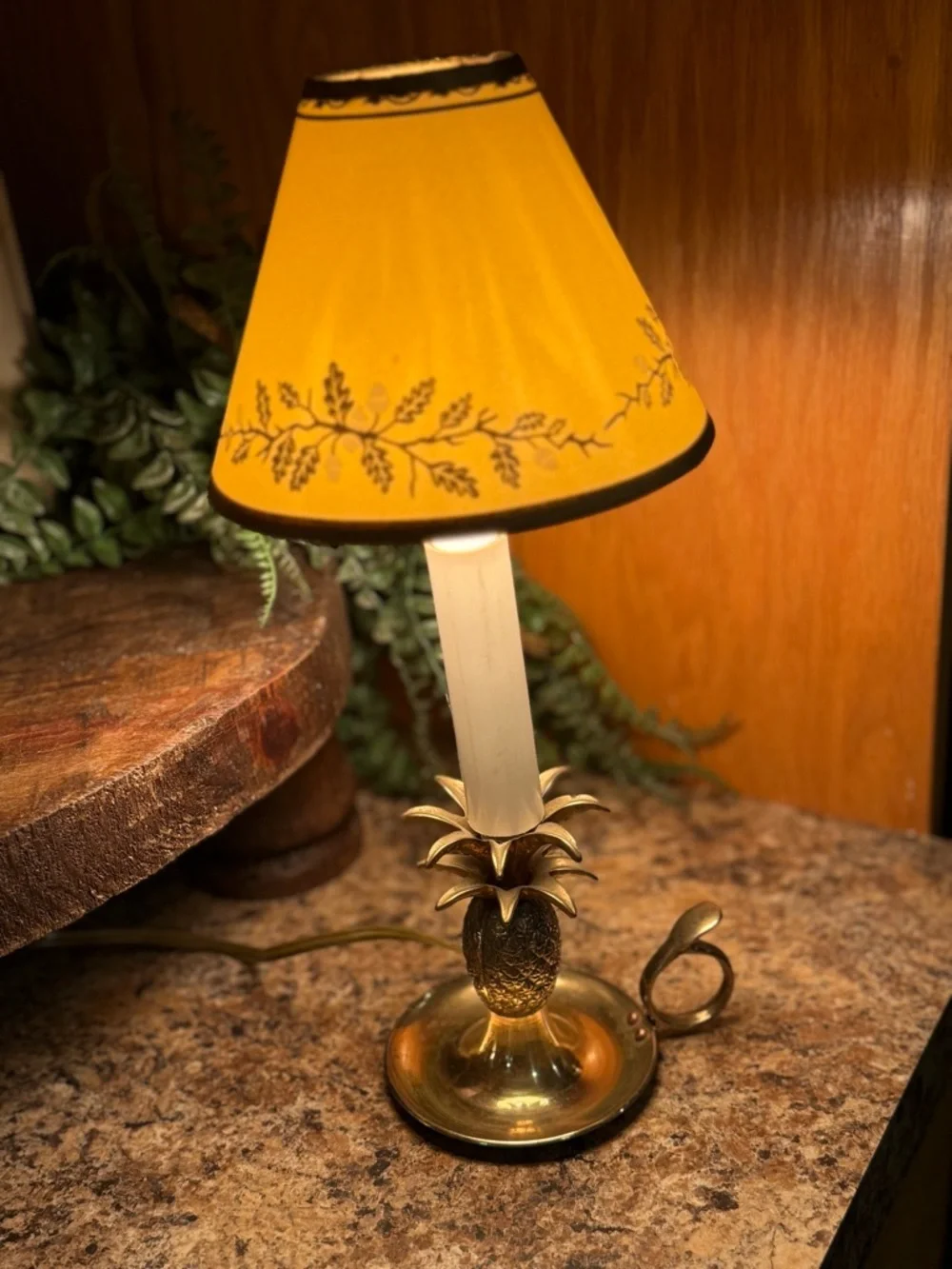 Vintage Brass Pineapple Table Lamp 10” Metallic Finish Yellow Shade